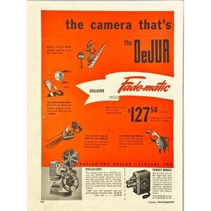 DeJur Cameras "No guess work with Guide-O-Matic, Foolproof" Vtg Print Ad 1949